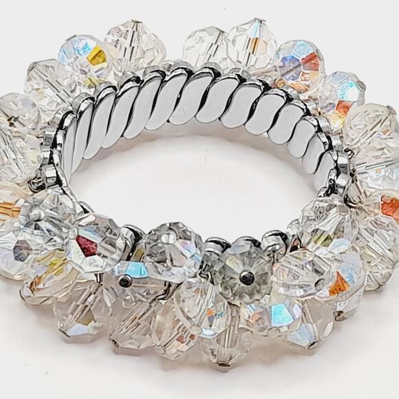 Vintage Aurora Borealis Crystal Cha-Cha Stretch Bracelet 10mm Beads - Picture 9 of 10